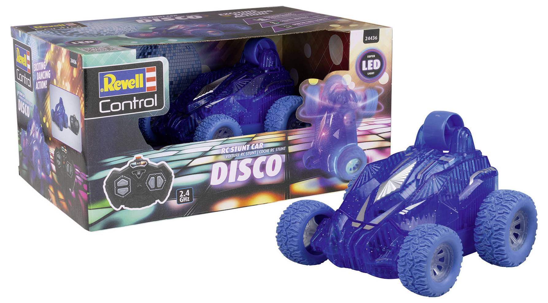 Dálkově ovládané auto 'Disco' od Revell Control s LED osvětlením. Balení zobrazuje auto a dálkový ovladač. Hračka pro děti od 6 let.