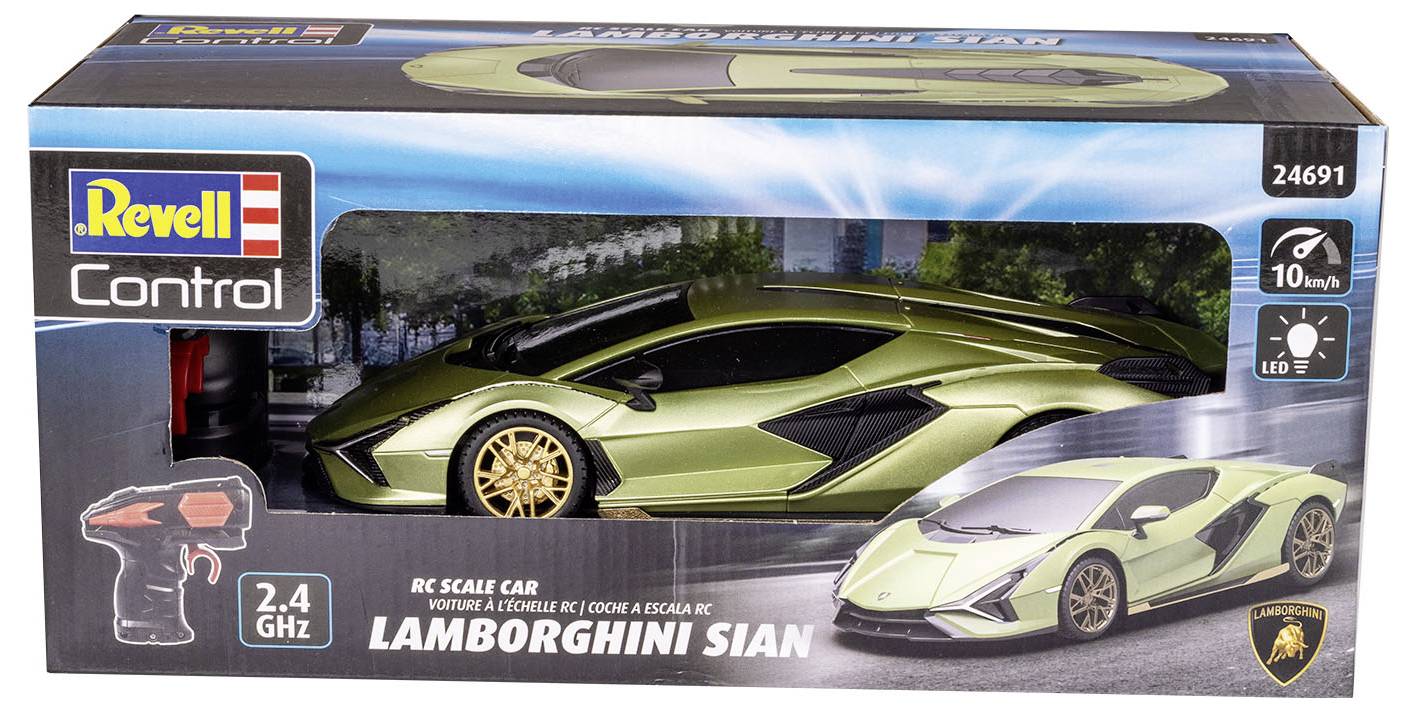 Zelené modelové auto Lamborghini Sian v kartónové krabici od Revell Control. Balení obsahuje informace o dálkovém ovládání a LED světelných efektech.