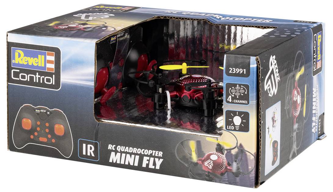Obal RC modelu Revell quadrokoptéry 'Mini Fly' s dálkovým ovládáním a LED funkcí. Na obalu zobrazení produktu a krátké technické specifikace.