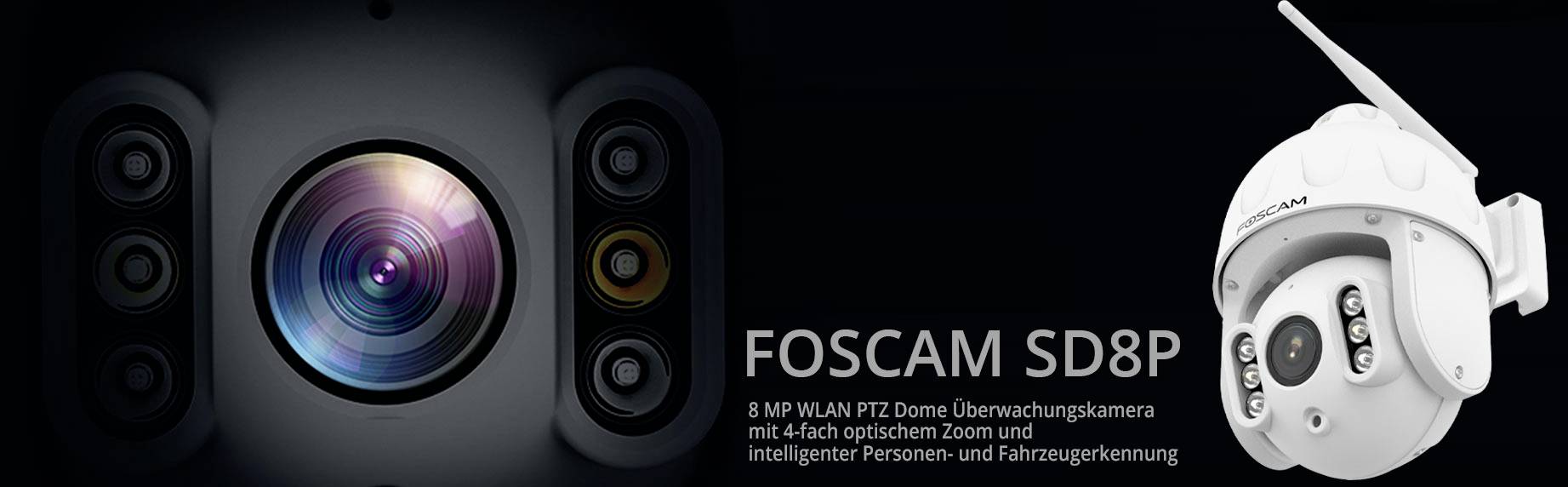 Detailní pohled na kameru s textem 'FOSCAM SD8P 8 MP WiFi PTZ kopulovitá bezpečnostní kamera se 4násobným optickým zoomem a inteligentní detekcí osob a vozidel'.