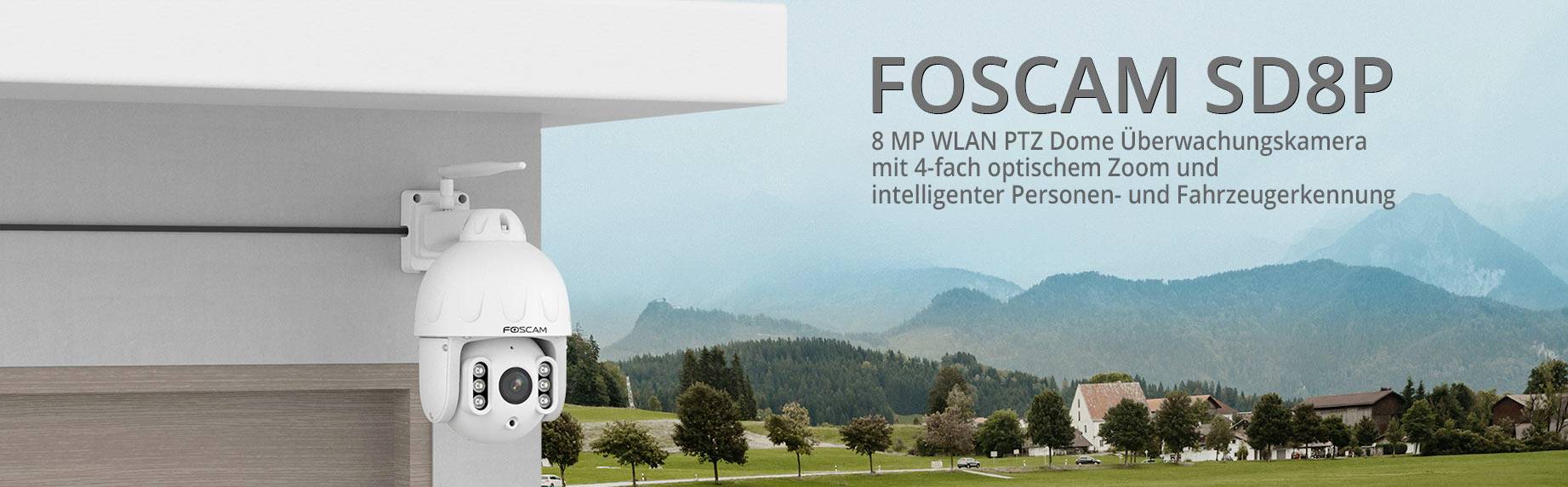 Bezpečnostní kamera 'FOSCAM SD8P': 8 MP WLAN PTZ kupová kamera se 4násobným optickým zoomem, inteligentní detekcí osob a vozidel. Krajina v pozadí.
