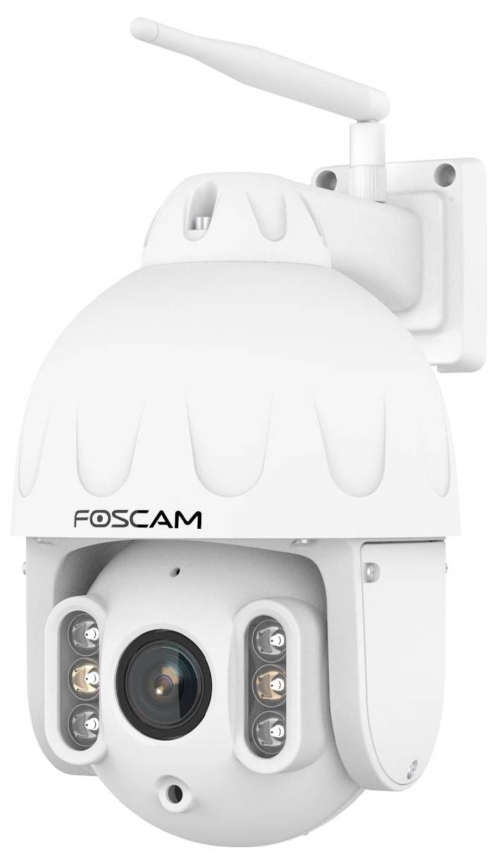 Bezpečnostní kamera, bílý kopulovitý design, značka 'Foscam', určená pro montáž na zeď, s otočným objektivem a čtyřmi LED diodami.