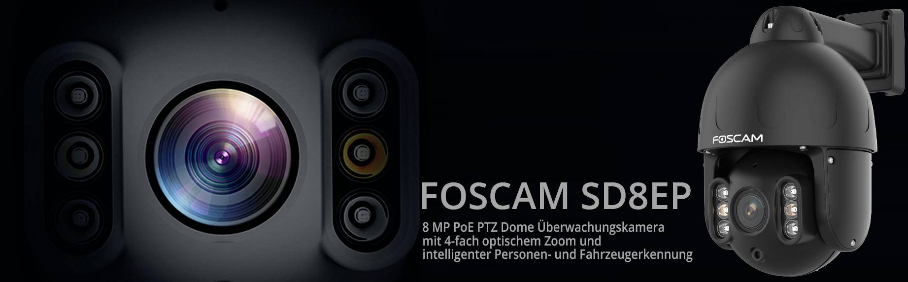 Detailní pohled na bezpečnostní kameru FOSCAM SD8EP s rozlišením 8 MP, funkcí PTZ, 4násobným optickým zoomem a vestavěnou detekcí osob a vozidel.