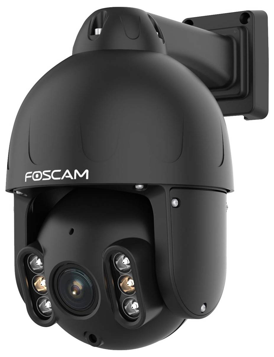 Bezpečnostní kamera 'Foscam' s otočným designem, upevněná na nástěnném držáku.