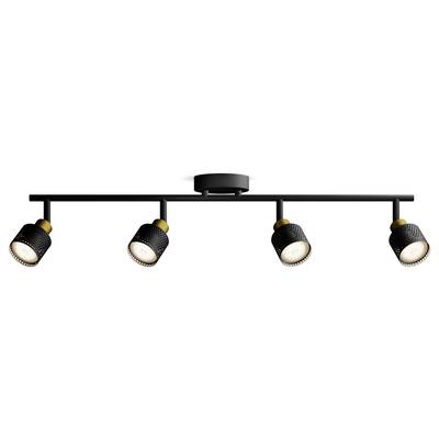 Černý stropní reflektor se čtyřmi nastavitelnými kulatými lampami, které směřují různými směry. Moderní design.