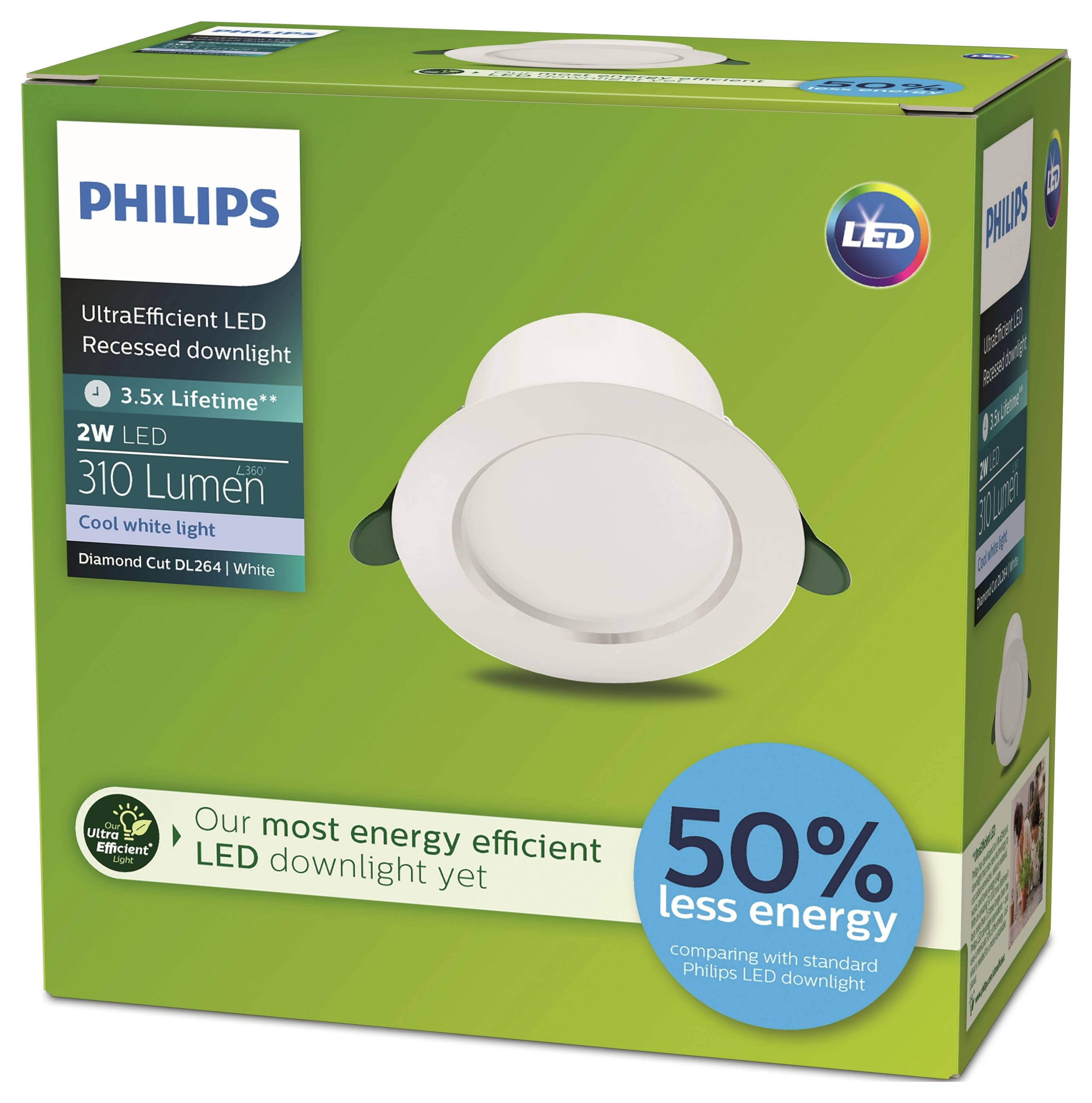 Philips UltraÚsporné LED podhledové svítidlo, 2W, 310 lumenů, diamantový výbrus, úspora energie 50 %, studené bílé světlo.