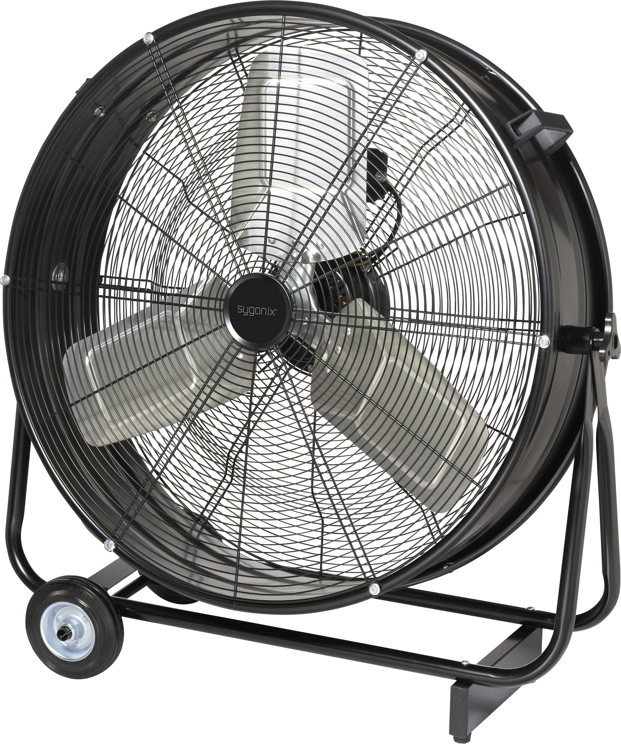 Černý kulatý podlahový ventilátor s kovovým rámem a třemi listy, namontovaný na pojízdném stojanu.