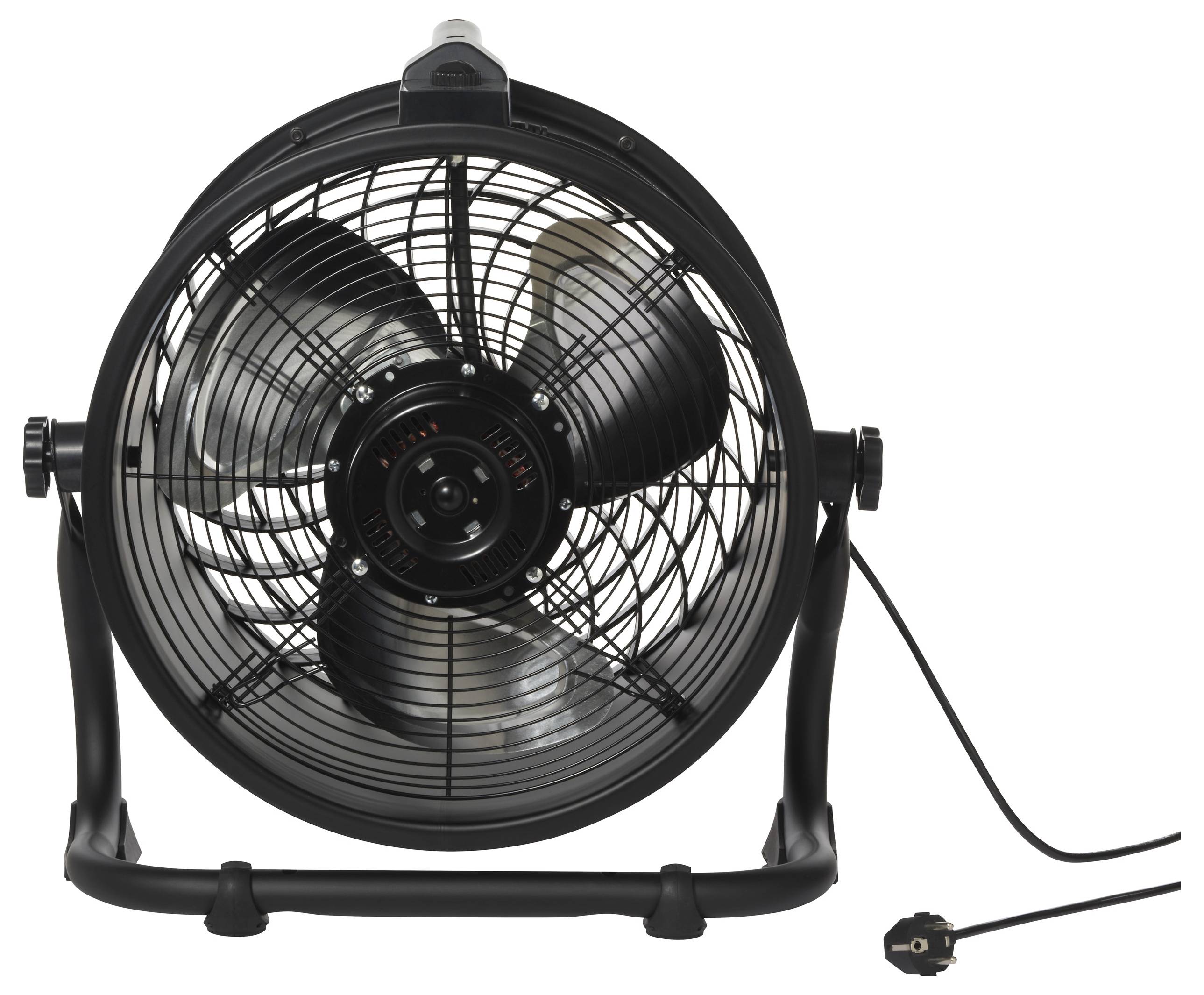 Černý stolní ventilátor s kulatými ochrannými mřížkami a kabelem, pravděpodobně vhodný pro vnitřní prostory.