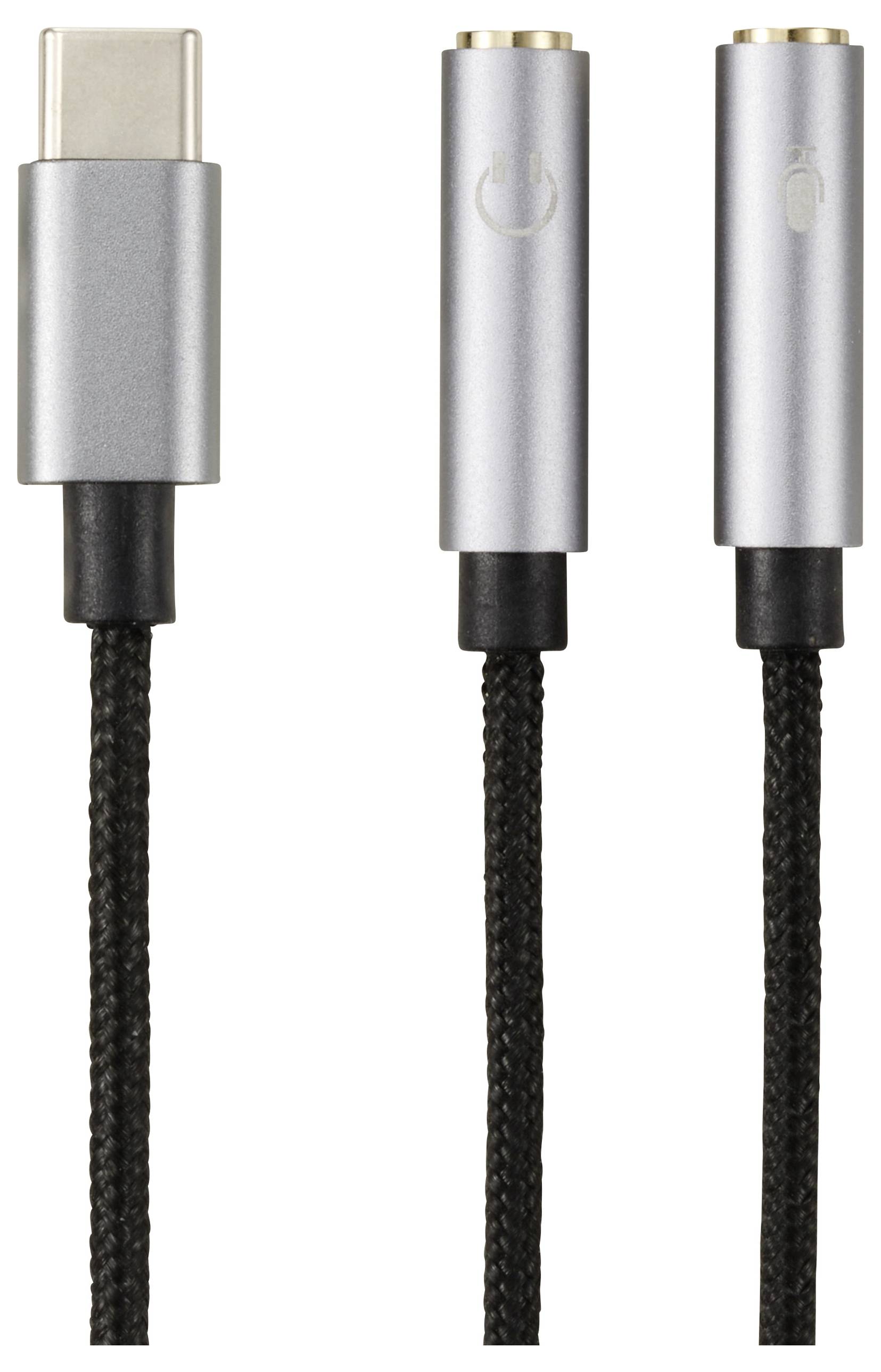 USB-C adaptér s opletaným kabelem a dvěma jack konektory, jeden s ikonou reproduktoru, druhý s ikonou mikrofonu.