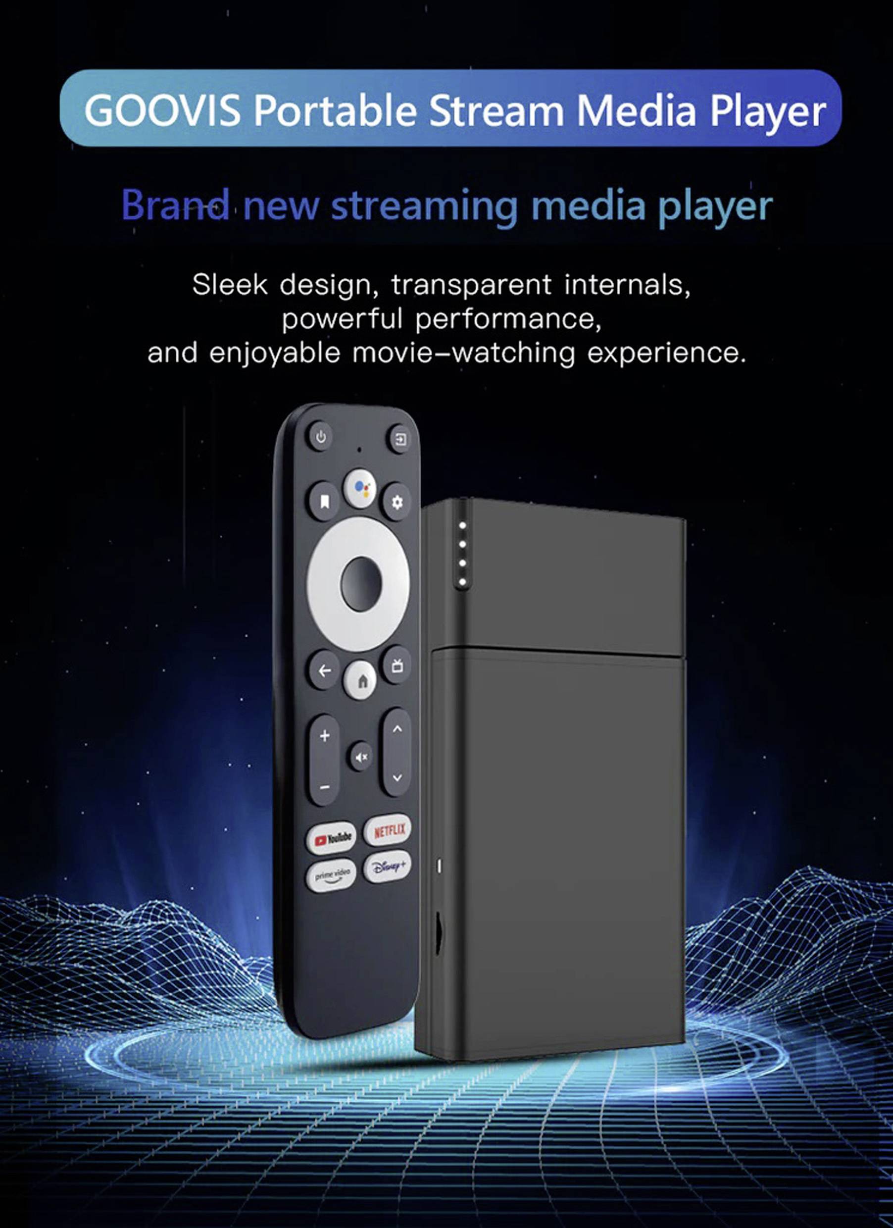 Přenosný mediální přehrávač 'GOOVIS Portable Stream Media Player' s dálkovým ovládáním. Vyznačuje se okouzlujícím elegantním designem, průhlednou technologií a výkonným multimediálním zážitkem.
