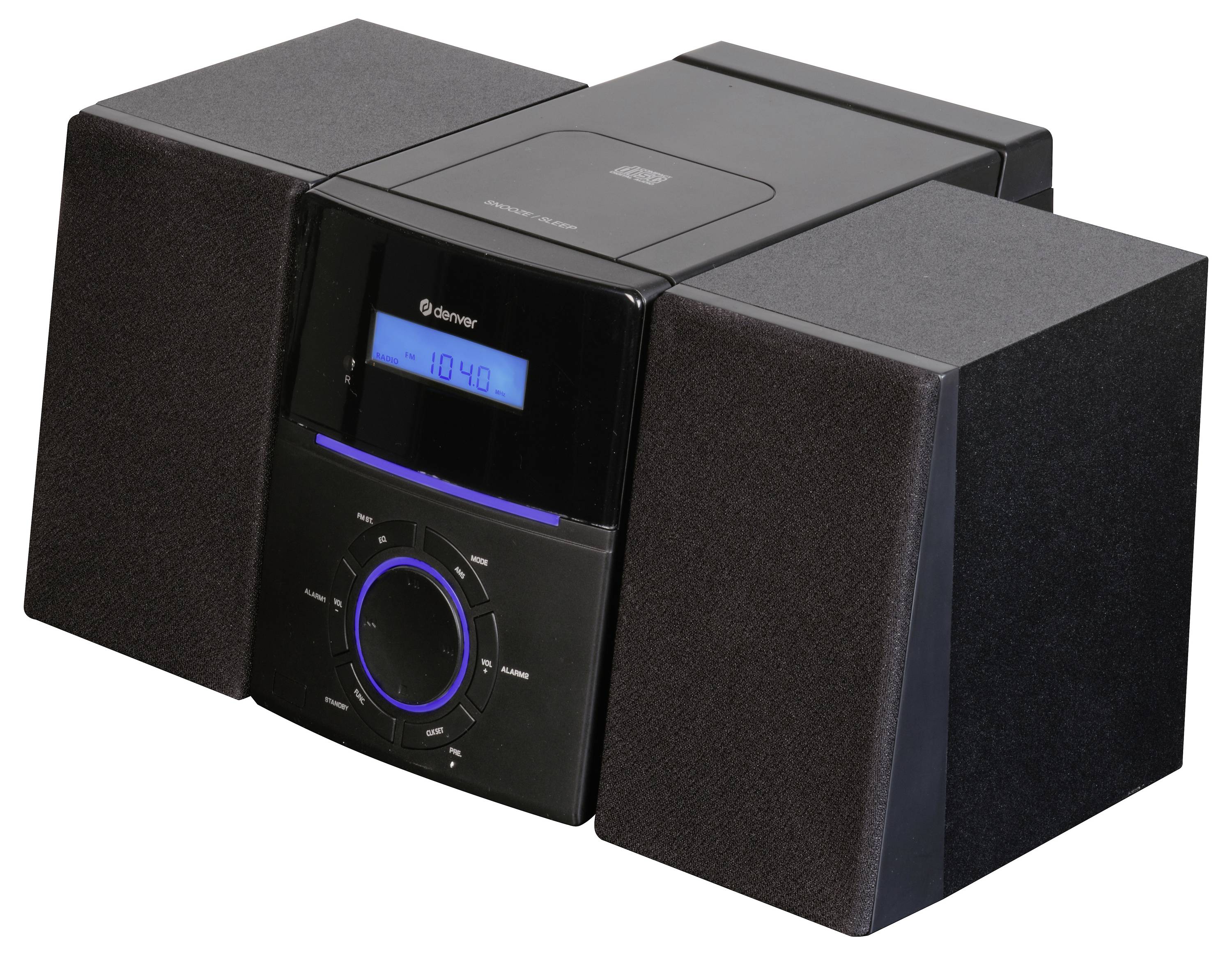 Černý stereo mini kompaktní systém se dvěma reproduktory a podsvíceným displejem zobrazujícím '10:48'.