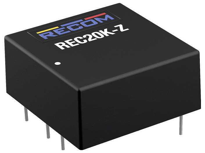 Černý modul REC20K-Z od společnosti RECOM se čtyřmi připojovacími piny, obdélníkový tvar, barevný nápis loga v levém horním rohu.