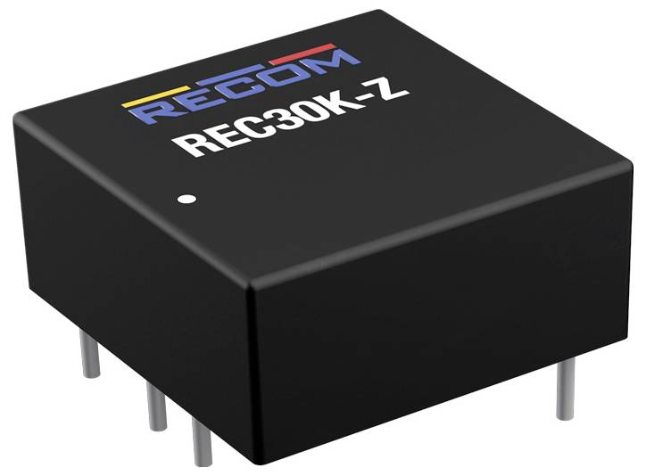 Černá obdélníková elektronická součástka s nápisem 'REC30K-Z' a logem RECOM, se čtyřmi kovovými piny na spodní straně.
