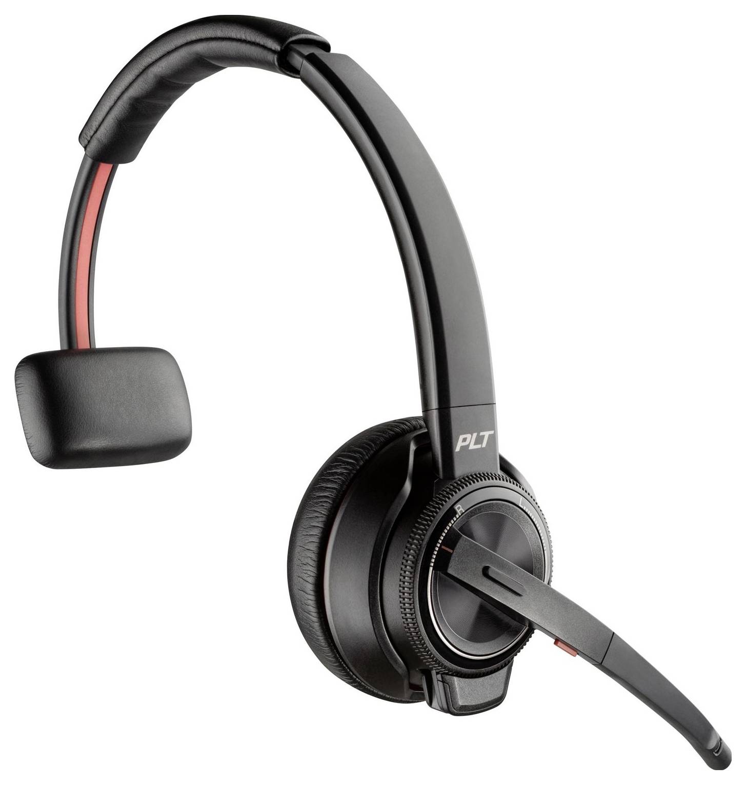 Černá bezdrátová náhlavní souprava s jednostrannou sluchátkou a mikrofonním ramenem, vhodná pro telefonické konference a mobilní práci.
