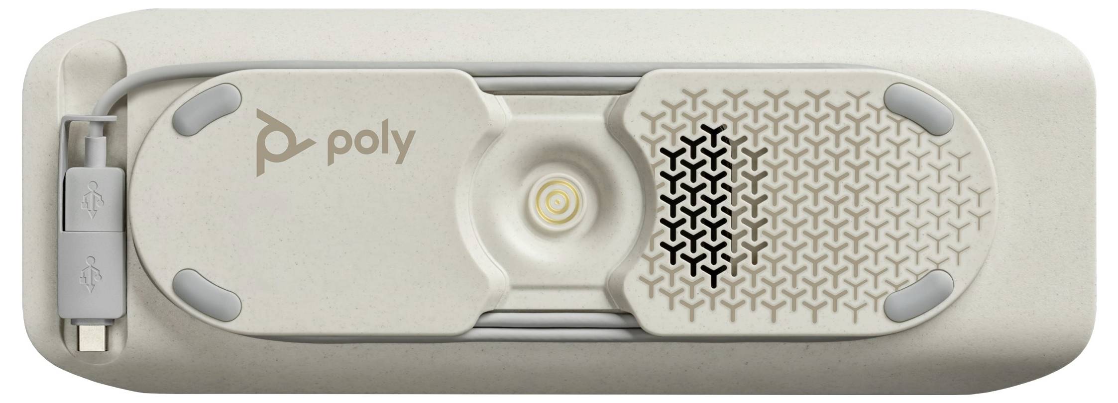 Béžová webkamera s logem 'Poly' a vestavěným reproduktorem. Má moderní, kompaktní design s odpojitelným kabelem.