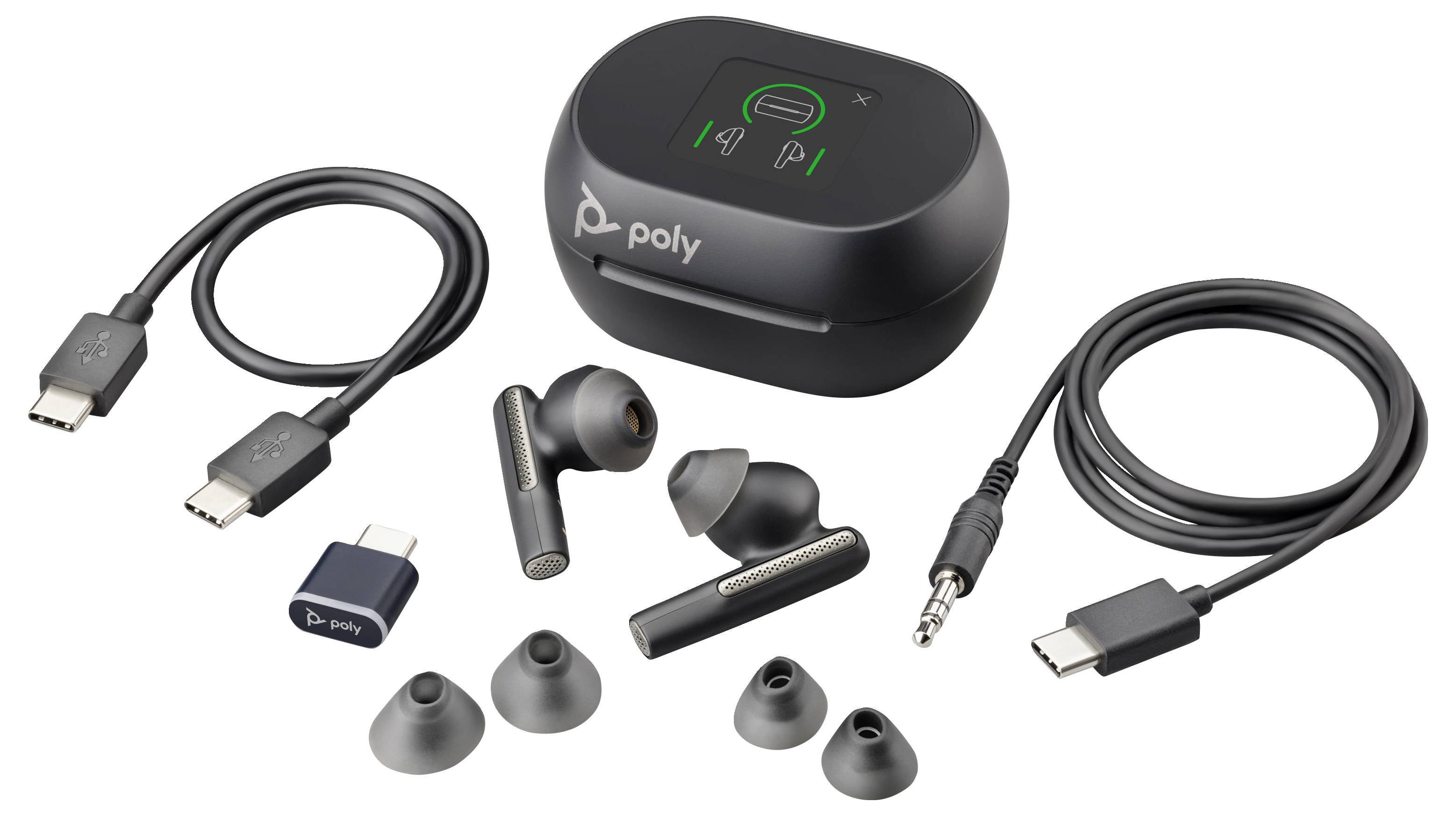 Bezdrátová sluchátka s nabíjecím pouzdrem, USB-C kabelem, audio kabelem, náhradními špunty v různých velikostech a malým USB adaptérem na bílém pozadí.