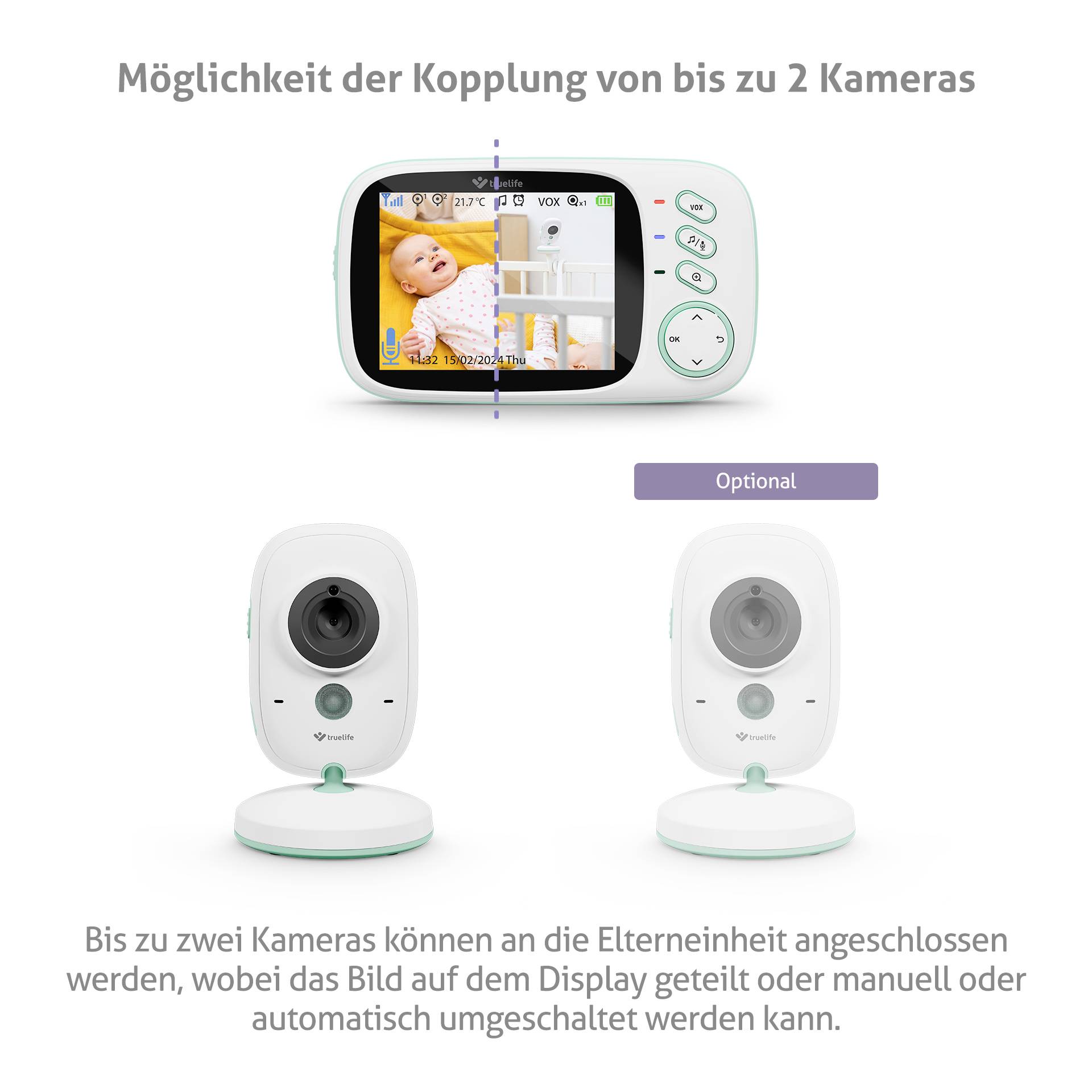 Spojení až 2 kamer zobrazuje displej dětské chůvičky se spícím miminkem a dvě volitelné kamery, které lze propojit.