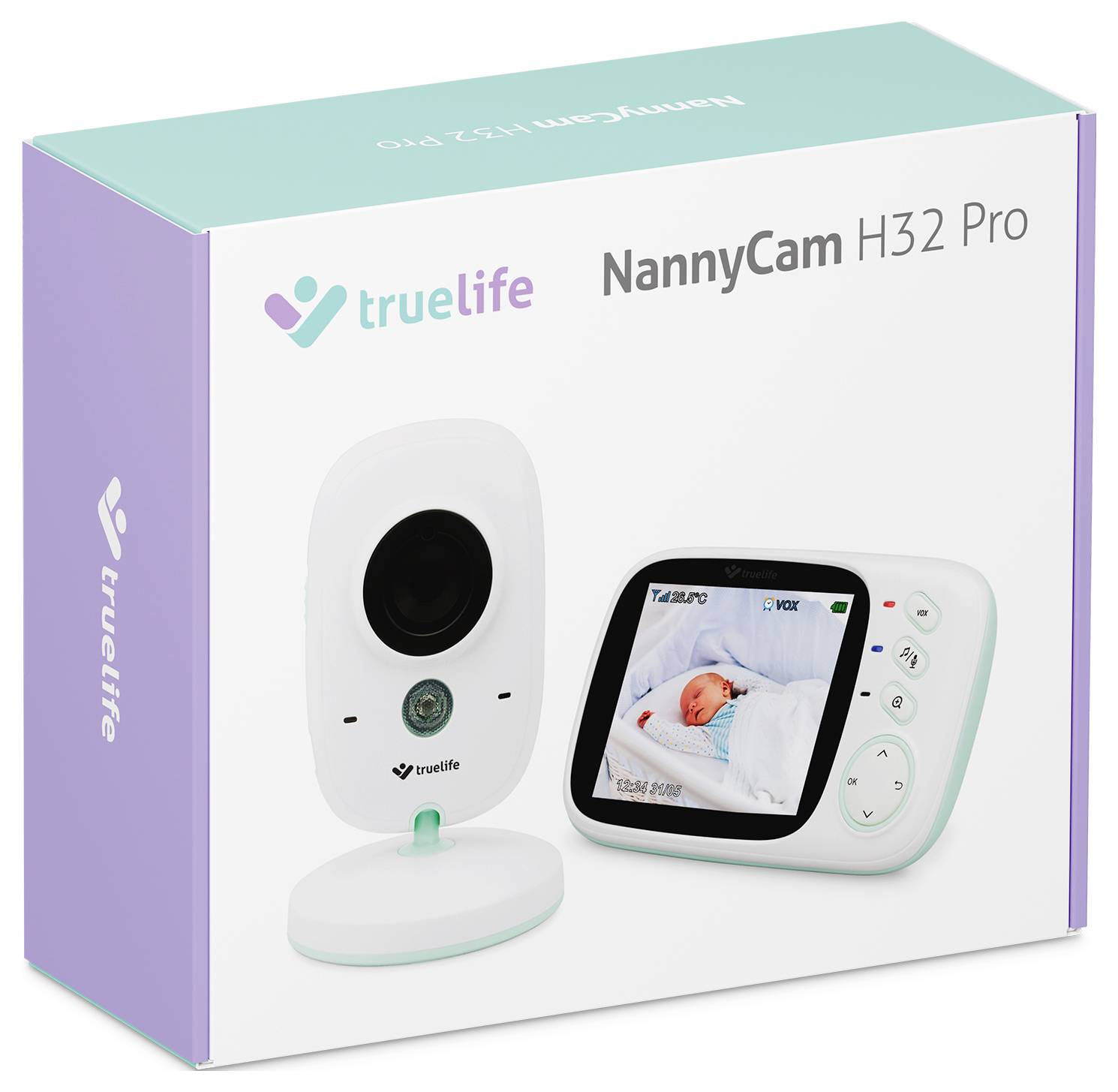 Obal zobrazuje NannyCam H32 Pro s kamerou a dětskou chůvou. Na monitoru je vidět spící miminko.