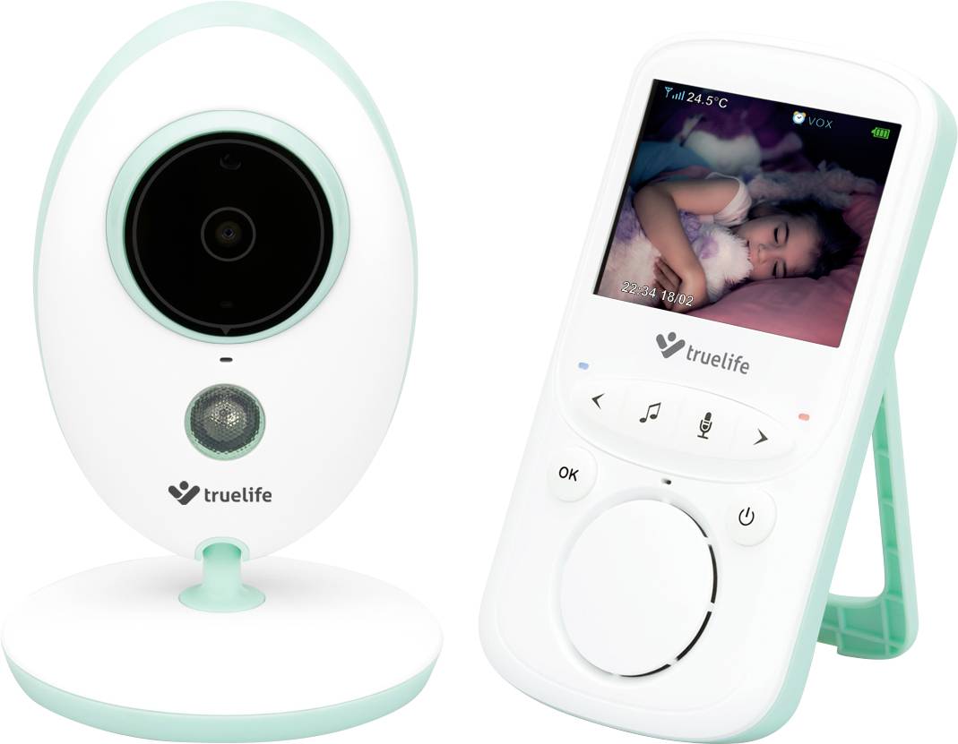 Elektronická chůvička s kamerou a monitorem. Monitor zobrazuje spící dítě. Je viditelné logo značky 'truelife'.