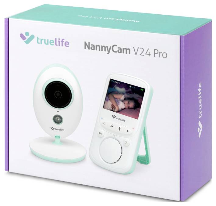 Obal na dětskou kameru s nápisem 'trueLife NannyCam V24 Pro' zobrazuje kamerové zařízení a monitor sospávajícím miminkem.