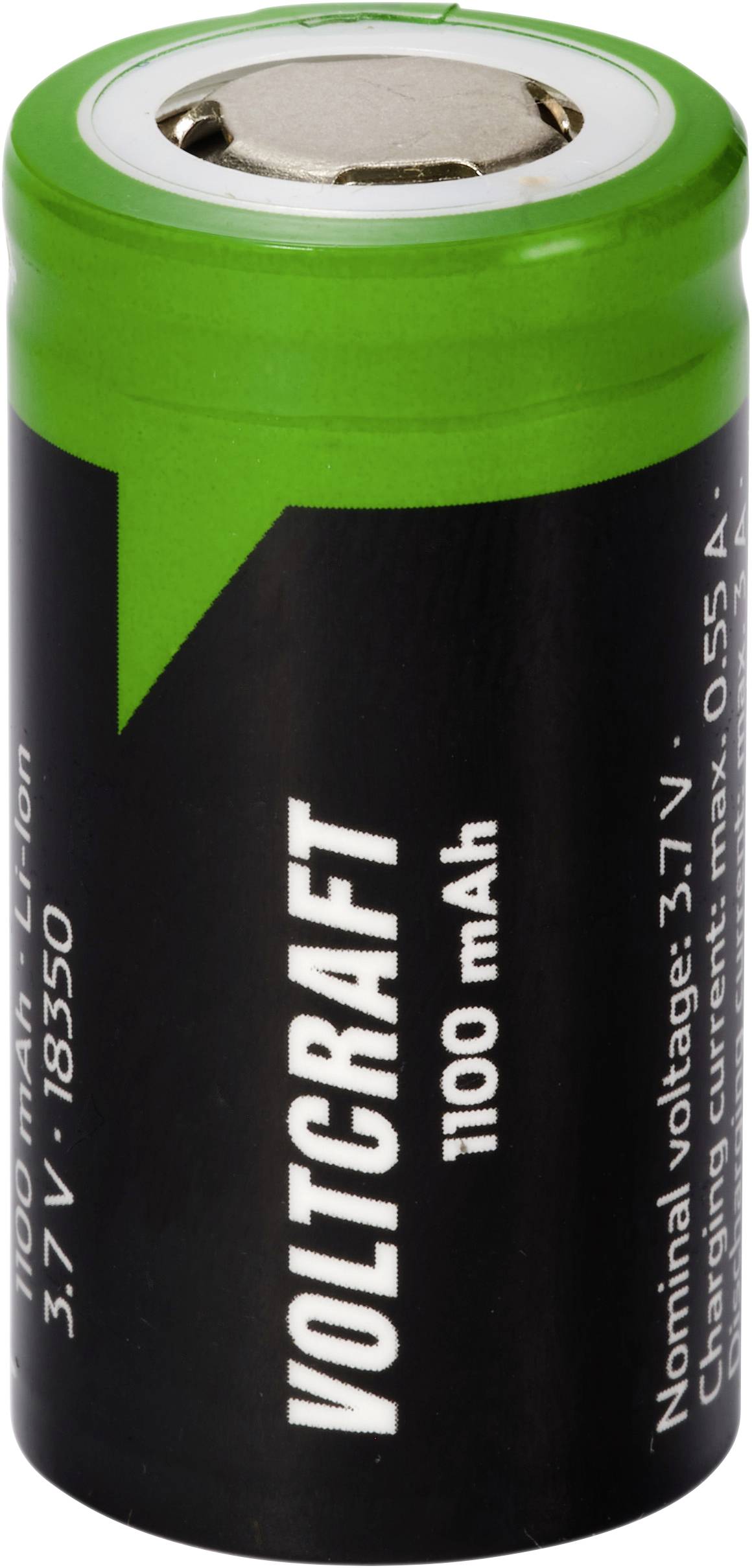 Zelená lithium-iontová baterie s nápisem 'VOLTCRAFT 1100 mAh', jmenovité napětí 3,7 V, maximální proud 0,55 A.