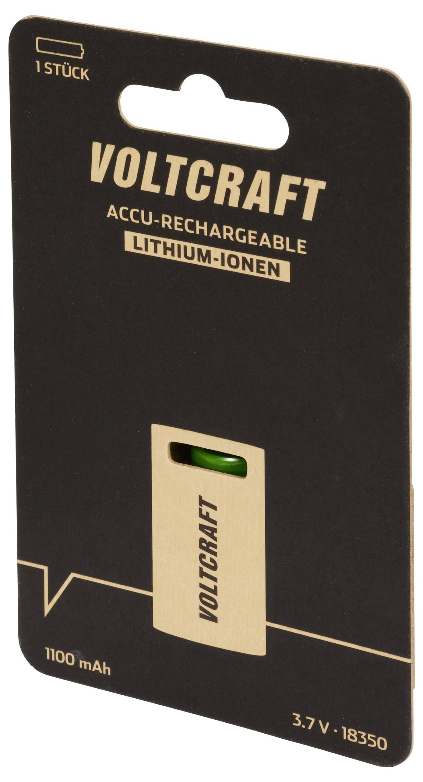 Balení lithium-iontové baterie Voltcraft, 3,7 V, 18350, 1100 mAh. Obsahuje jednu baterii.