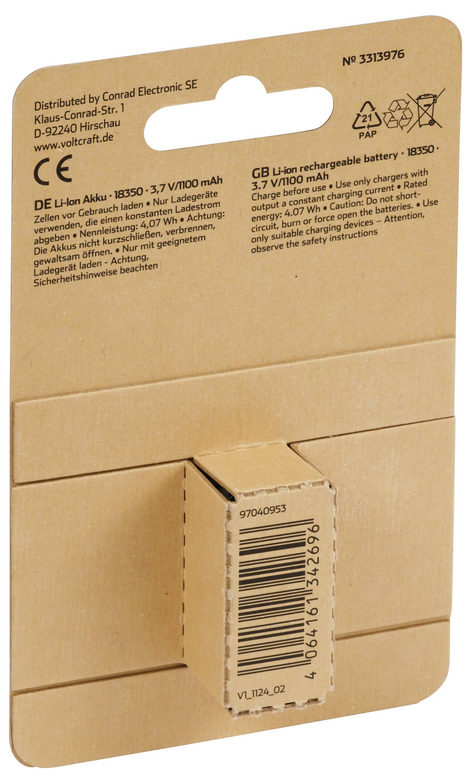 'Hnědý obal lithium-iontové baterie 3,7V/1800mAh, distribuované společností Conrad Electronic SE. Obsahuje adresu a pokyny.'