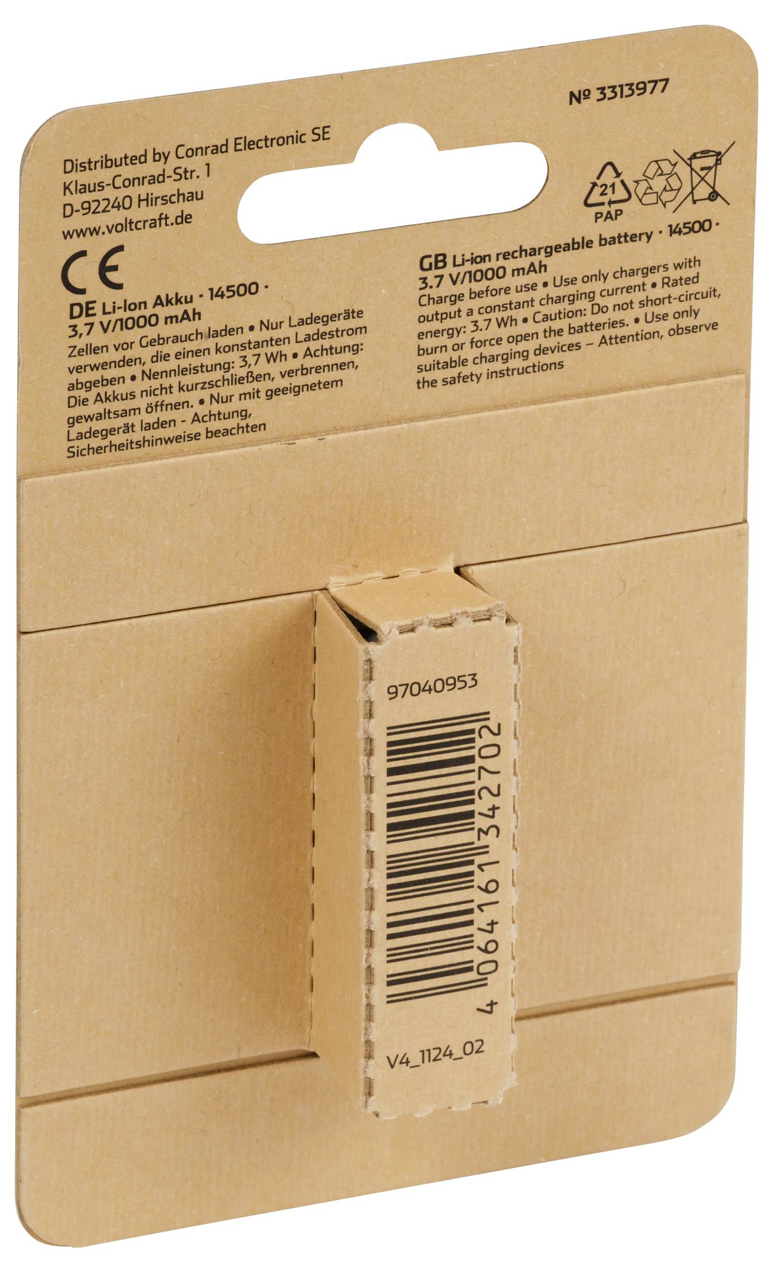 Lithium-iontová baterie 3,7 V 1000 mAh, balení v hnědé barvě, s výrobním číslem 97040953. Na obalu jsou zobrazeny informace od výrobce a bezpečnostní upozornění.