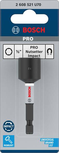 „Bosch PRO" Ořechový svorník. Obal zobrazuje robustní ořechový svorník s velikostí 1/2" a univerzálním uchycením. Logo značky viditelné nahoře.