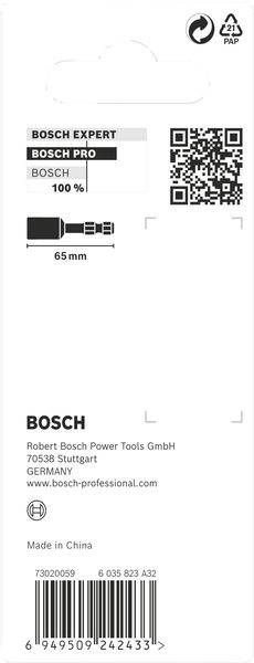 Etiketa obalu produktu Bosch s QR kódem, názvem společnosti a adresou v Německu. Detaily produktu: '65 mm, Bosch Expert'