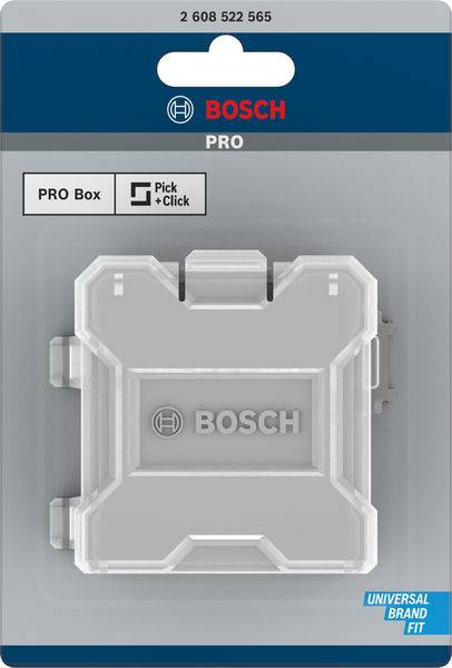 Šedý box Bosch PRO, čtvercového tvaru, s modrým a bílým textem. Vhodný pro systém 'Pick+Click'. Firemní logo nahoře.