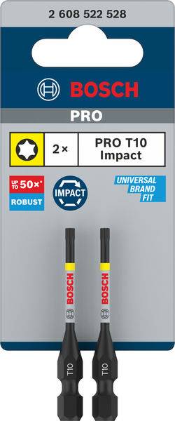 Obrázek sady bitů 'Bosch PRO T10 Impact'. Zobrazuje dva tmavé bity navržené pro robustní použití. Balení s informacemi o značce a produktu.