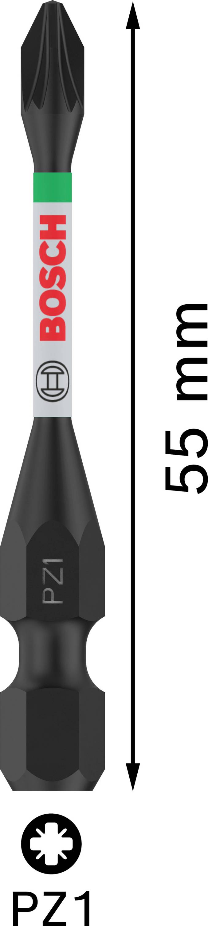 Bit šroubováku Bosch, délka 55 mm, s hrotem PZ1, vhodný pro křížové šrouby.