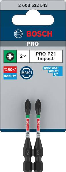 Šroubovací bity Bosch '2x PRO PZ1 Impact', dva kusy, vhodné pro výkonové aplikace, kompatibilní s různými značkami.