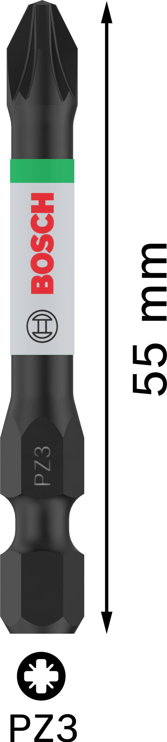 Bosch šroubovací bit PZ3, dlouhý 55 mm, se zobrazeným křížovým profilem.