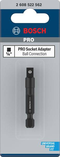Adaptér Bosch PRO Socket, 1/4 palce, s kulovou spojkou. Balení zobrazuje adaptér vhodný pro univerzální připojení značky.