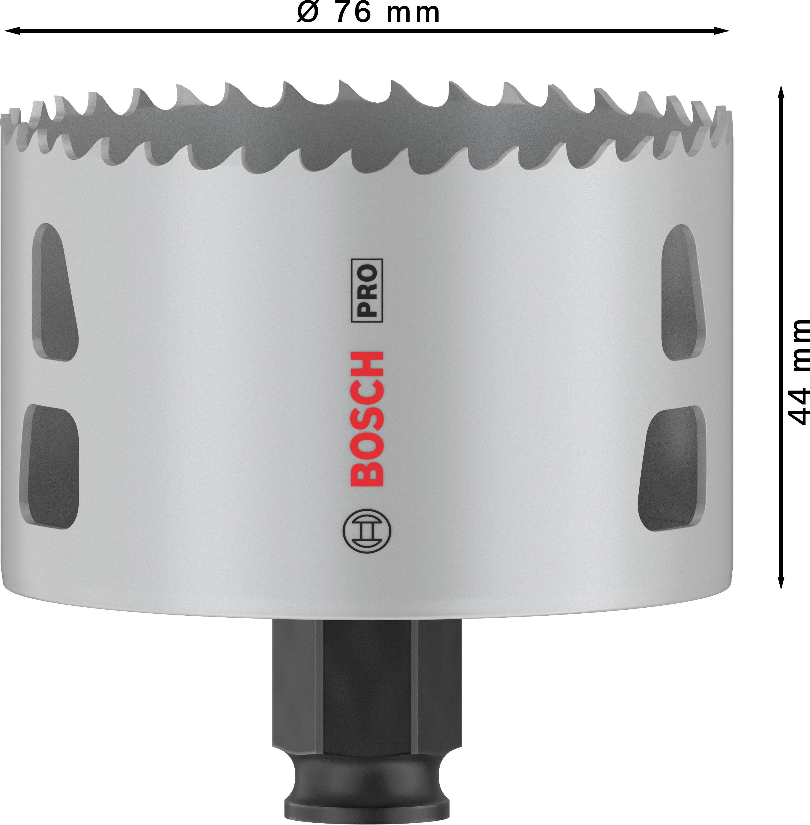 Bosch Pro děrovka s Ø 76 mm, hloubka 44 mm, stříbrná barva s černými detaily.