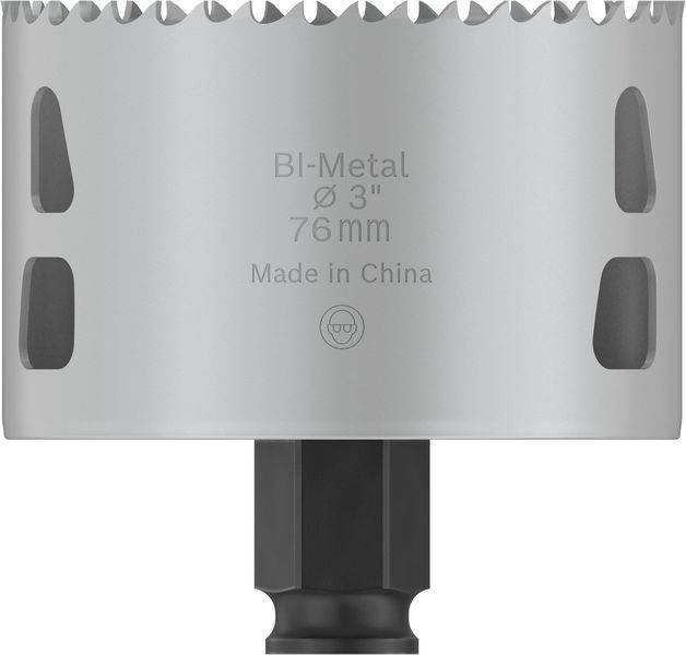 Šedý bimetalový nástavec děrovky s nápisem 'BI-Metal Ø 3" 76mm Made in China', černé šestihranné upevňovací zakončení.