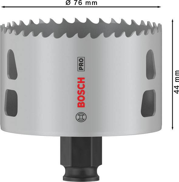 Pilová koruna Silbersägekrone 'Bosch Pro' s průměrem otvoru 76 mm a výškou 44 mm, vhodná pro řezací práce ve dřevě a kovu.