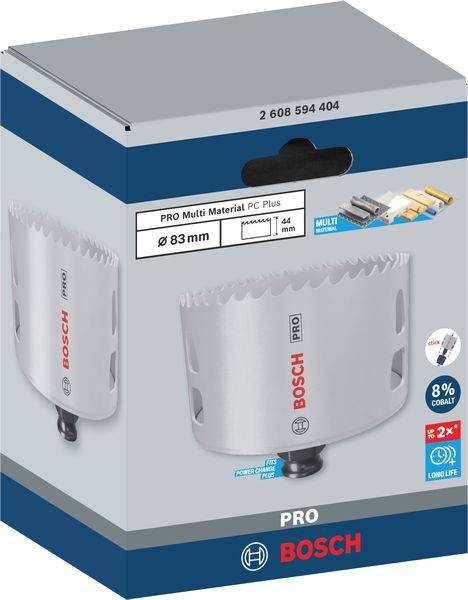 Obal pilové vrtací korunky Bosch. Zobrazuje model 'PRO Multi Material PC Plus', velikost 83 mm. Vyrobeno s 8% kobaltu pro delší životnost. Vhodné pro různé materiály.