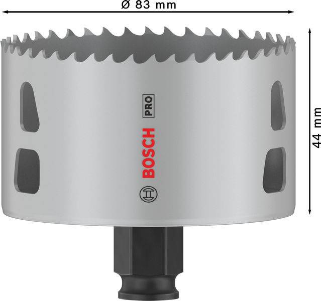 Kovová pilová koruna o průměru 83 mm a výšce 44 mm, červeně viditelný firemní název 'Bosch', odstíny šedé.
