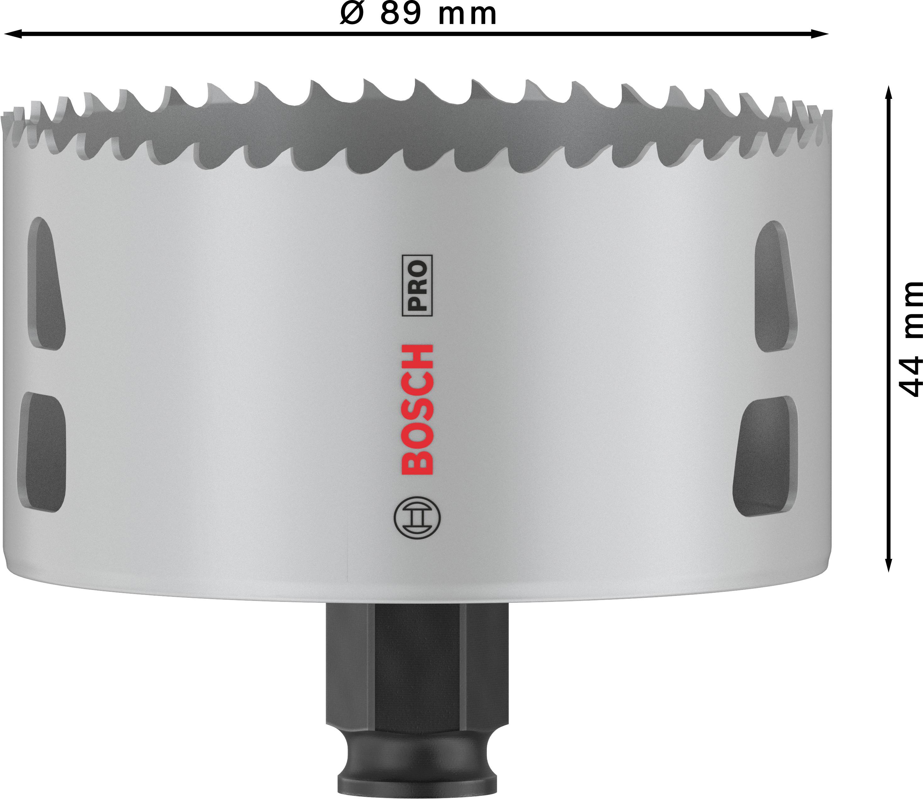Děrovka od Bosch s průměrem 89 mm a hloubkou 44 mm. Šedá barva s červeným logem a bočními otvory.