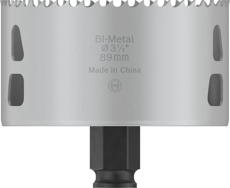 Kovová děrová pila, průměr 89 mm, s nápisem 'BI-Metal Ø 3½" 89 mm Vyrobeno v Číně'.