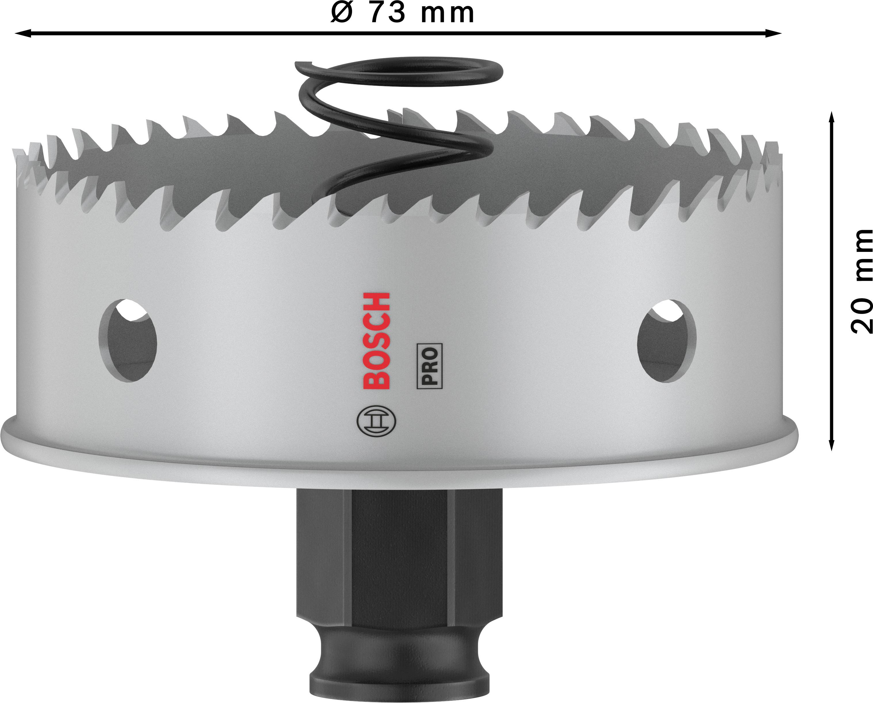 Korunková pila s průměrem 73 mm a hloubkou 20 mm, označená logem 'BOSCH', viditelná pružina a upevňovací mechanismus.