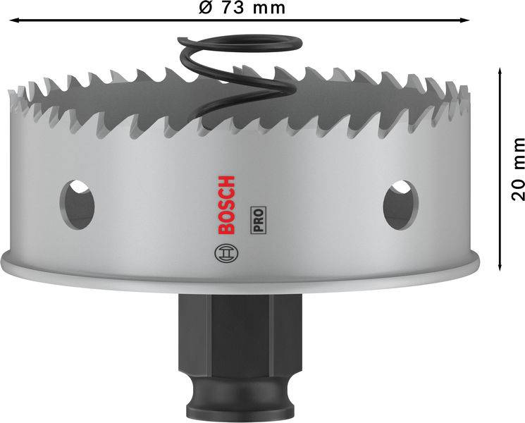Kovová pilová koruna o průměru 73 mm, výšce 20 mm, vybavená ostrými zuby; na pile je viditelná značka 'Bosch PRO'.