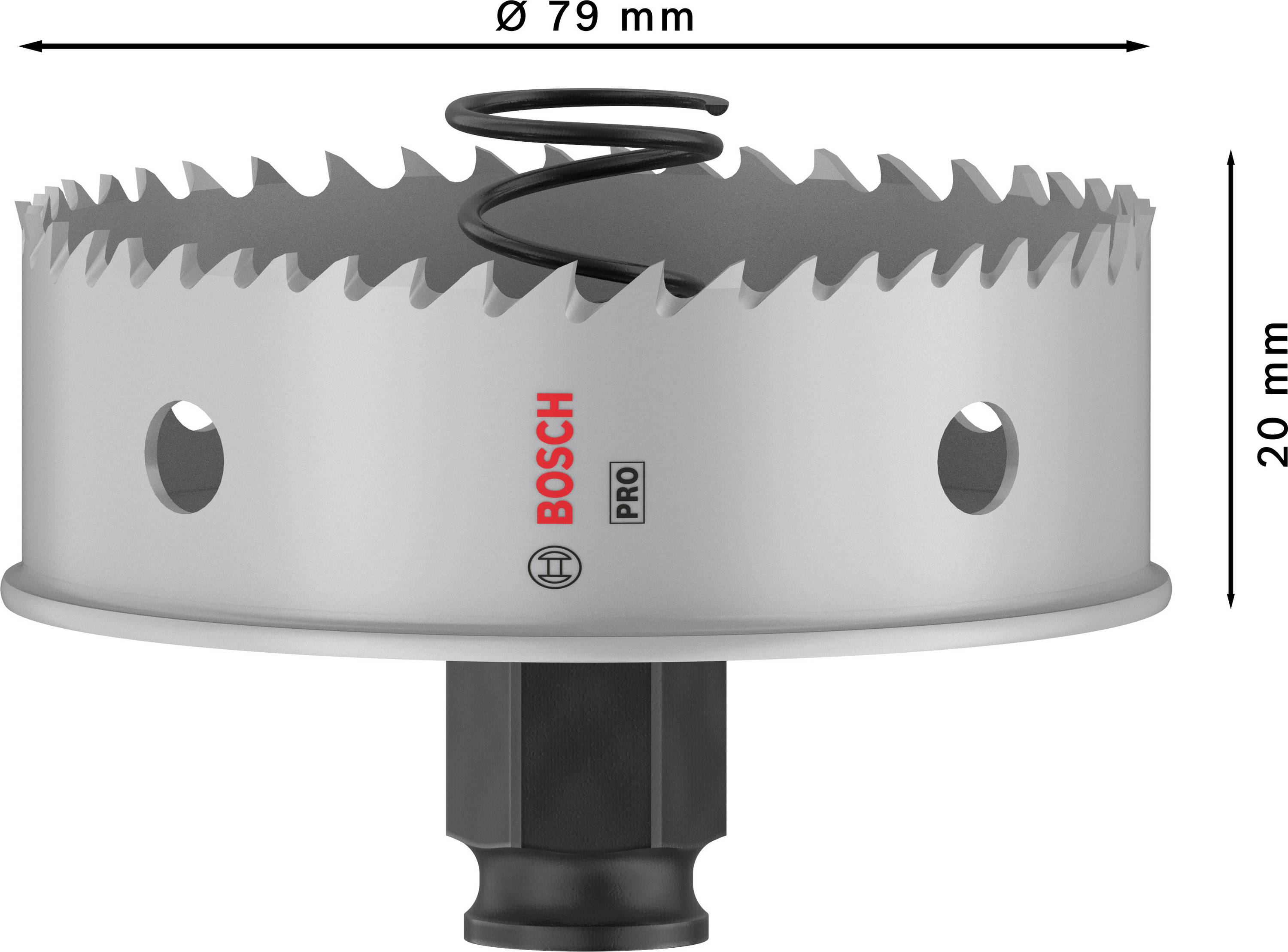 Korunka pro řezání kovu Bosch Pro, Ø 79 mm, výška 20 mm, dva boční otvory, spirálová pružina nahoře, vhodná pro vrtačky.