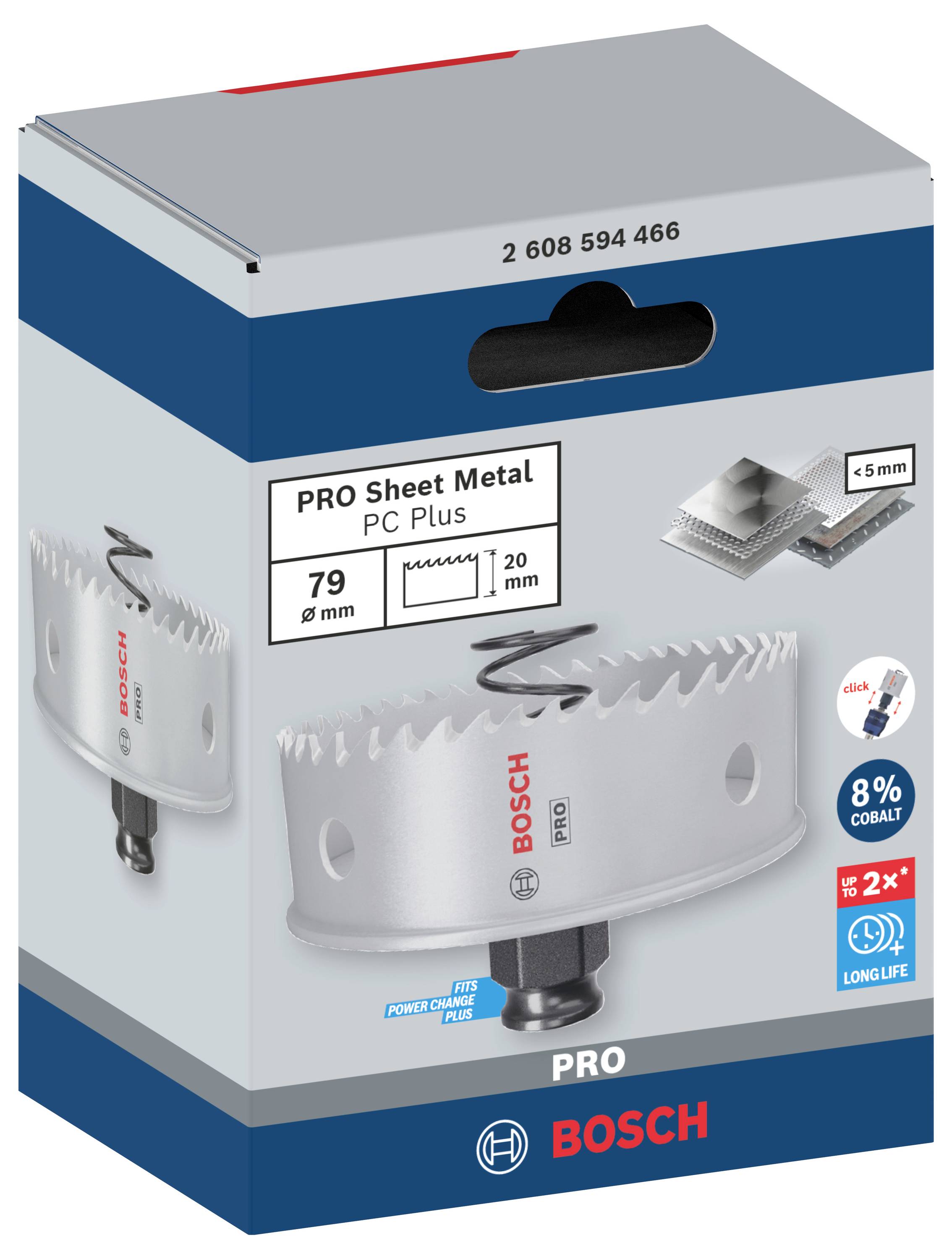 Balení pro Bosch Pro bimetalovou děrovací pilu, průměr 79 mm, vhodná pro plech do 5 mm, vysoce trvanlivá, slitina s 8% kobaltu.