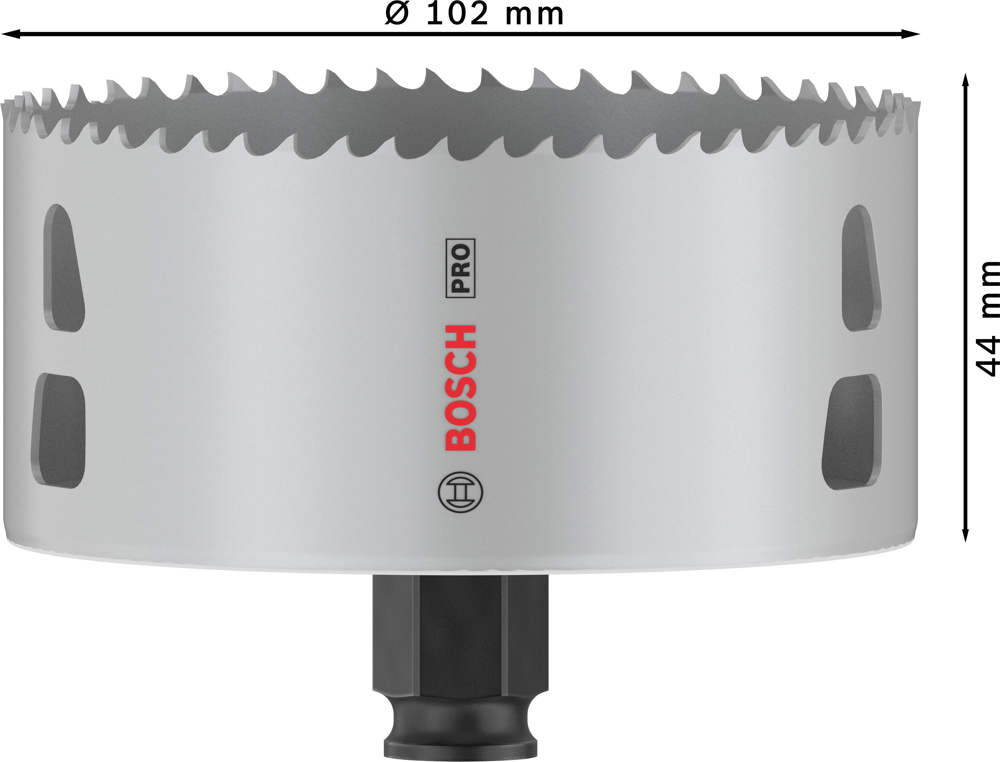 Bimetalová korunková pila od Bosch s průměrem 102 mm a výškou 44 mm, vhodná pro přesné vrtání v různých materiálech.