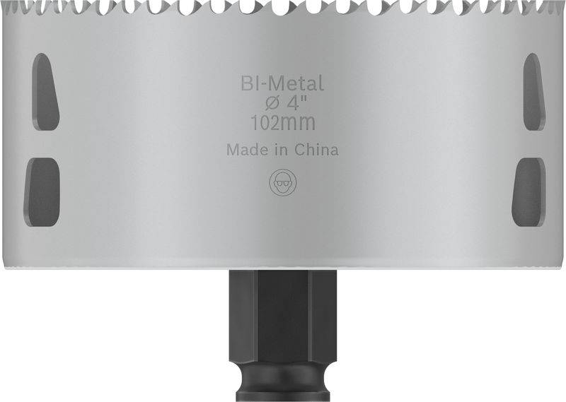 Šedá děrovací pila z bi-kovu s nápisem 'BI-Metal, Ø 4", 102 mm, Vyrobeno v Číně'.