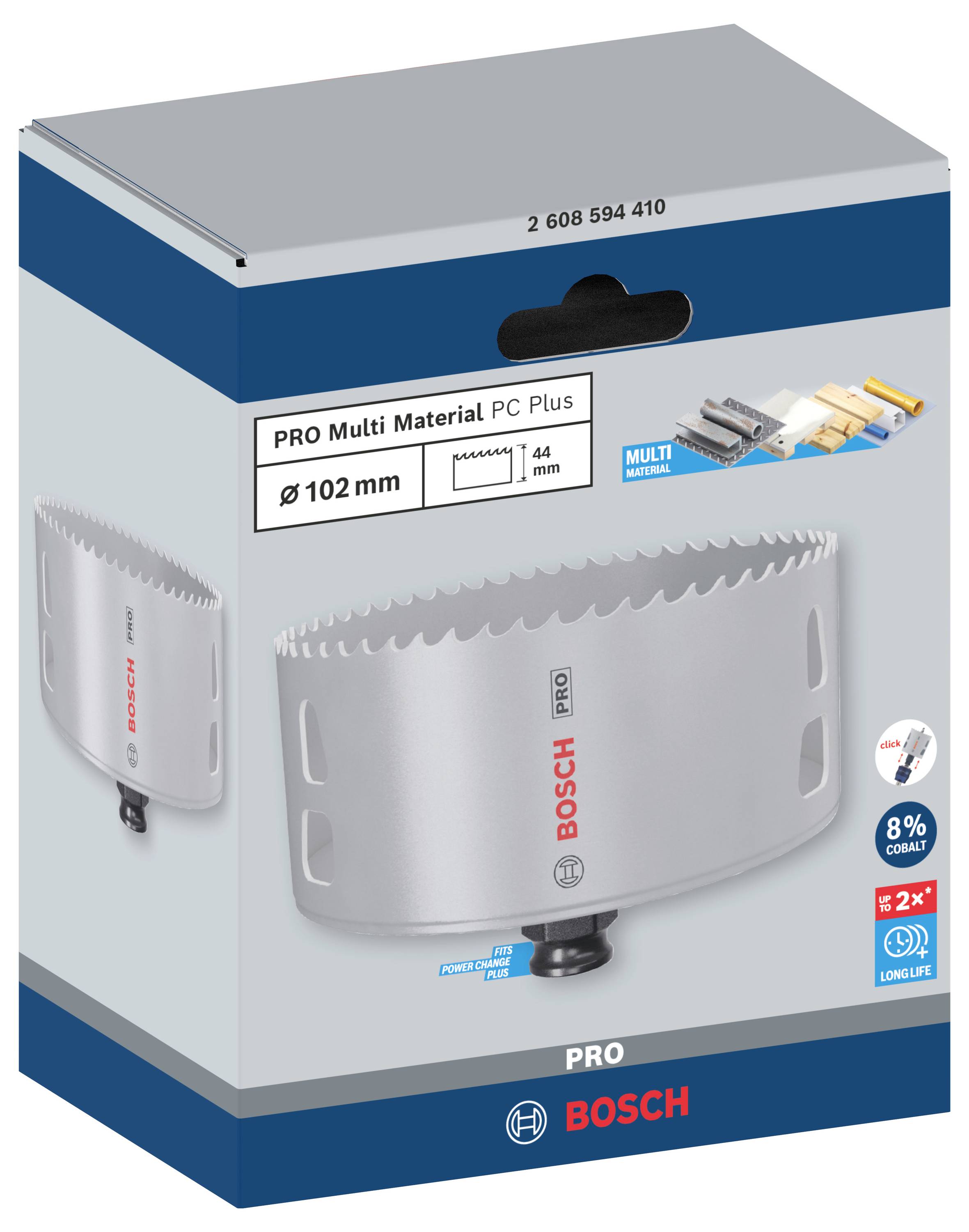 Kartonová krabice pro pilovou soupravu Bosch PRO Multi Material PC Plus. Na obrázku je pila, průměr 102 mm, a kompatibilní materiály.